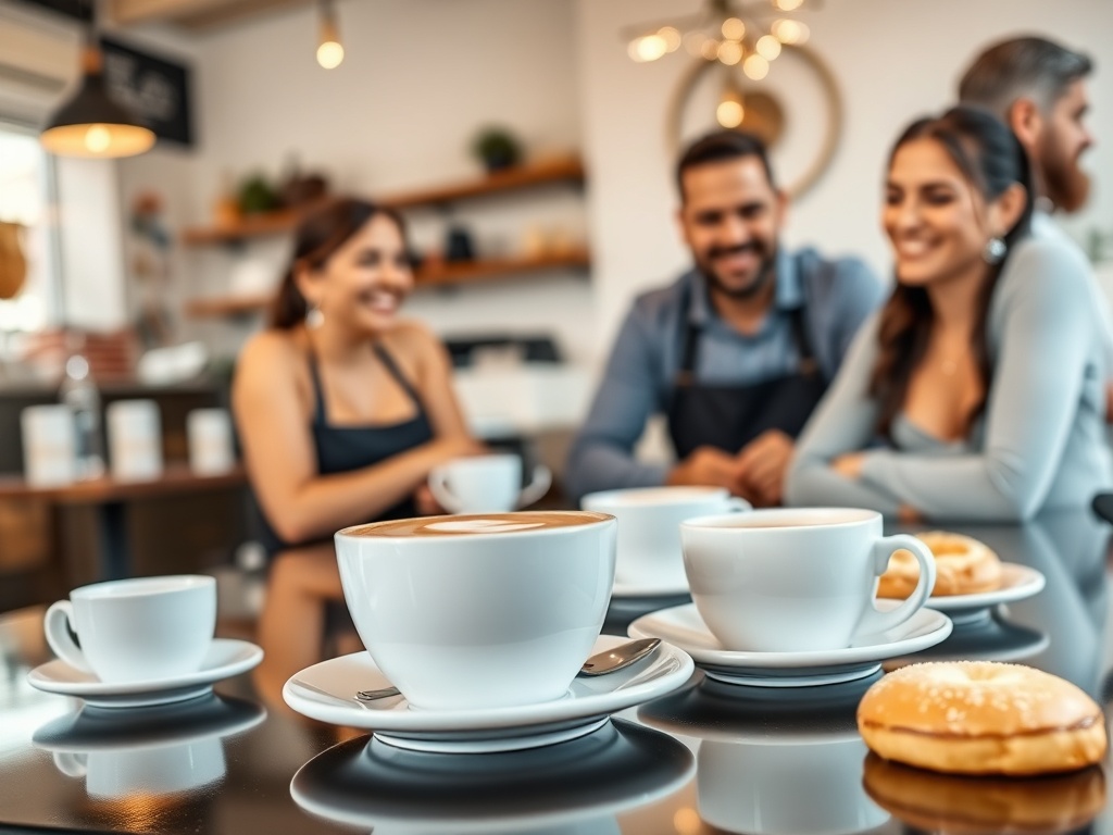 stylish cafe with coffee cups, pastries, and smiling customers