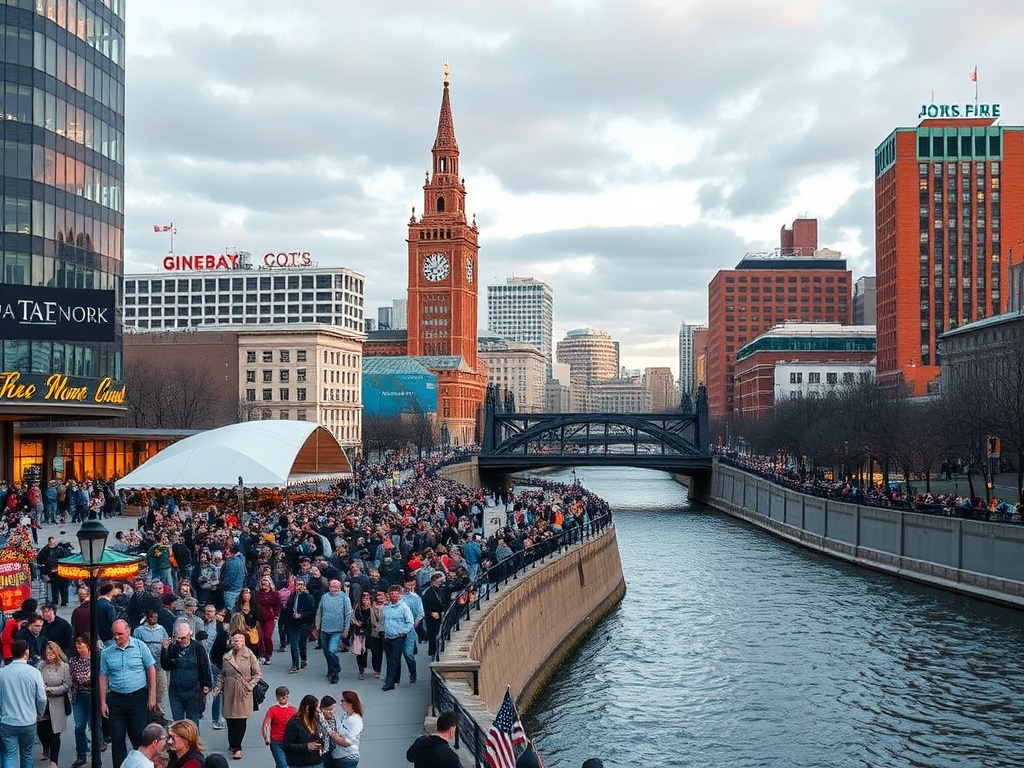 vivid description of The Forks Winnipeg with bustling crowds, river views, and iconic buildings