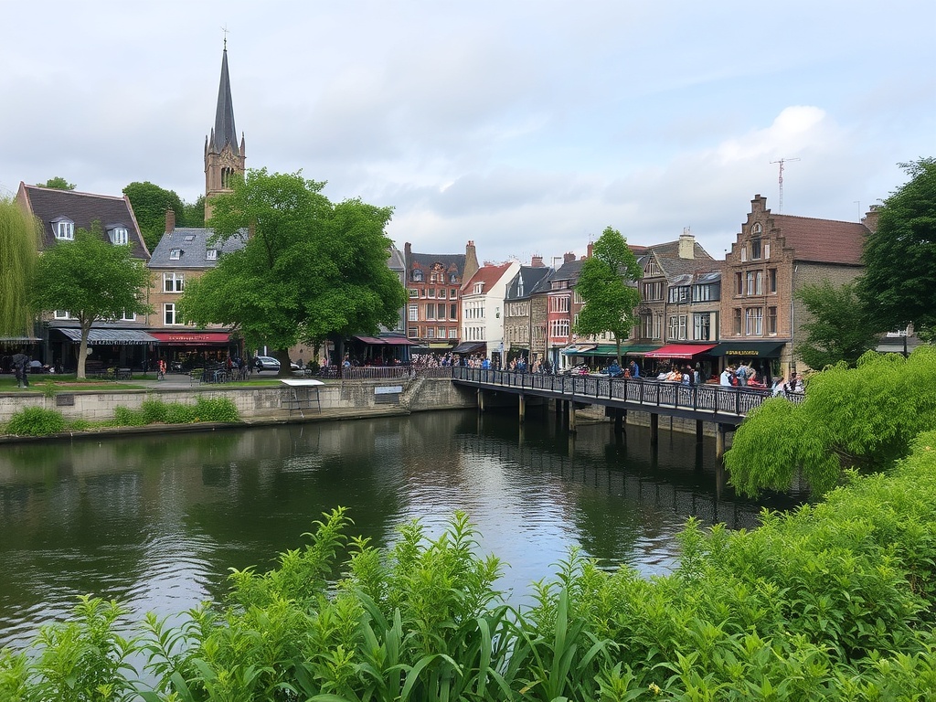 A scenic view of The Forks with the riverside and bustling shops in the background