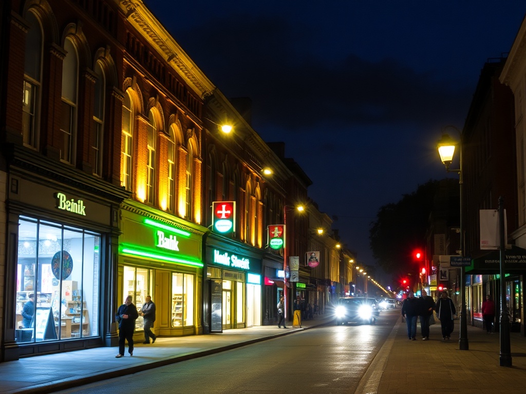 Bank Street Glebe at night glowing storefronts people walking streetlights urban vibe