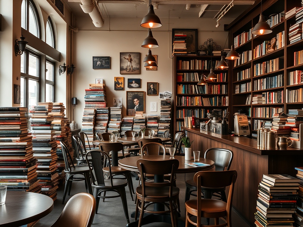 bookstore cafe with stacked books mismatched chairs espresso bar cozy atmosphere