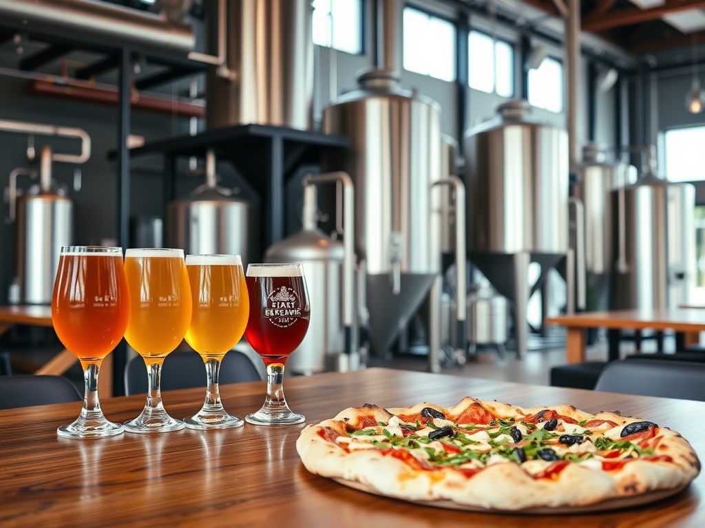 modern brewery interior Ottawa with craft beer flight and pizza on wooden table