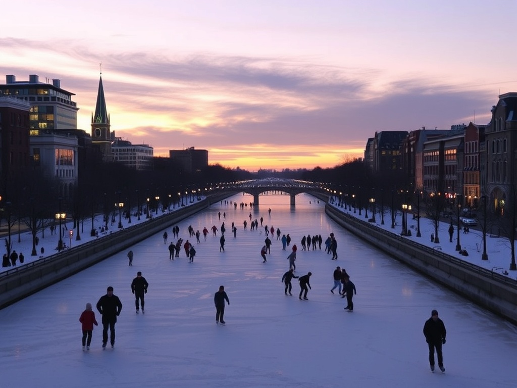 people skating along Rideau Canal near Lansdowne at sunset winter lights reflections