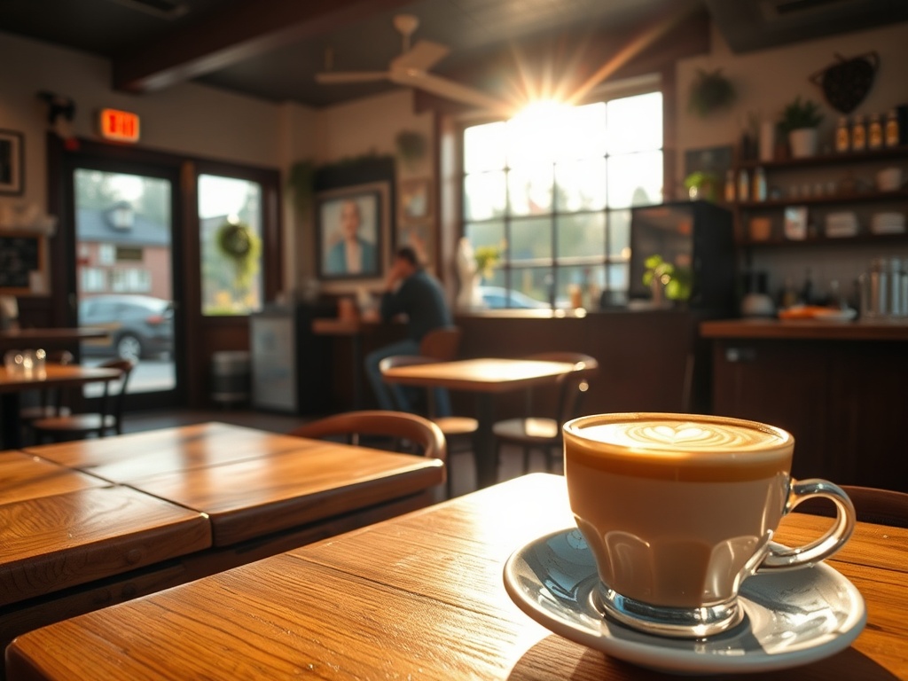 sunlit cozy coffee shop interior in Ottawa Glebe with wood tables and latte art close-up