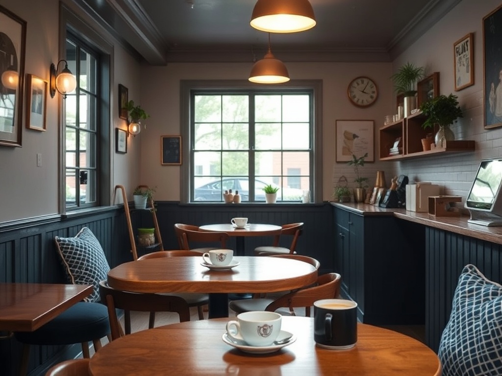 cozy neighborhood cafe interior in The Glebe, natural light, wooden tables, coffee cups, relaxed atmosphere