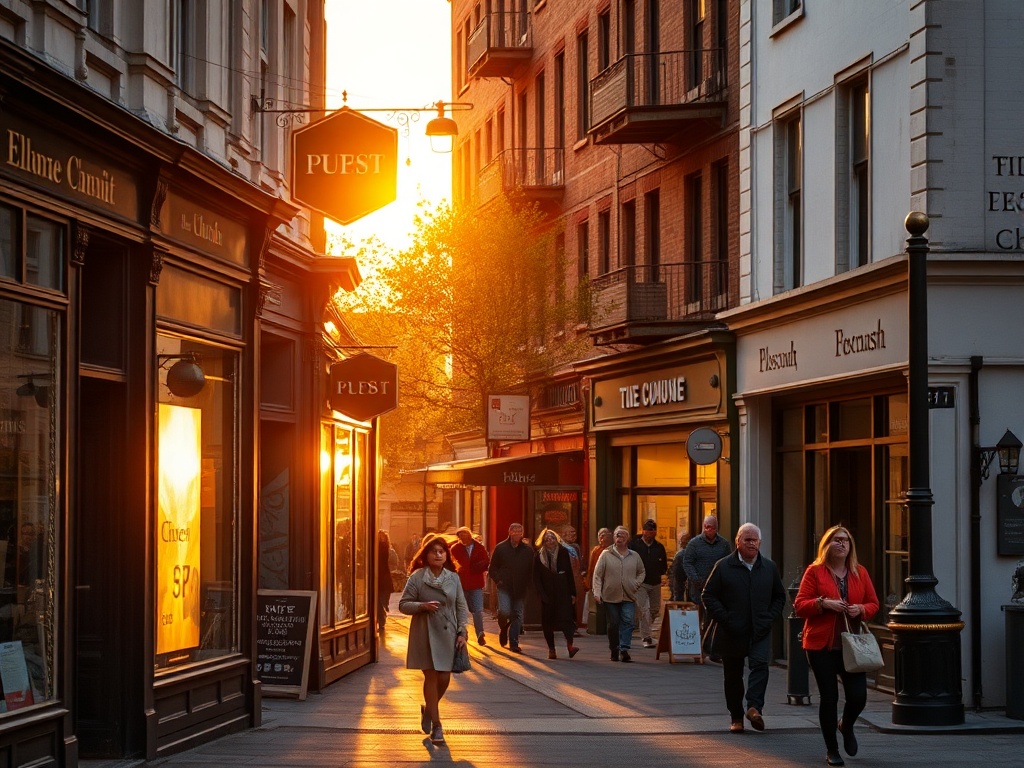 golden hour on Bank Street in The Glebe, pedestrians walking past independent shops, warm lighting, candid street photography