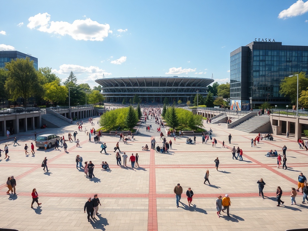 Lansdowne Park Ottawa wide shot, modern plaza with people, stadium in background, sunny day