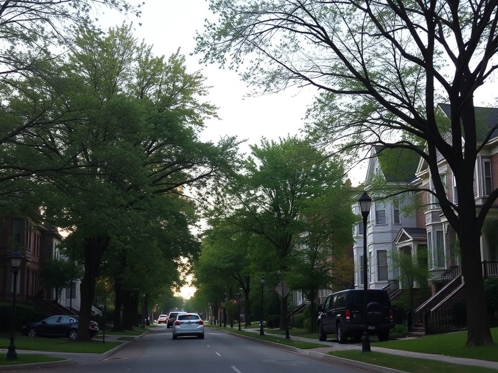 quiet residential street in The Glebe Ottawa with mature trees, historic homes, soft evening light, peaceful neighborhood scene