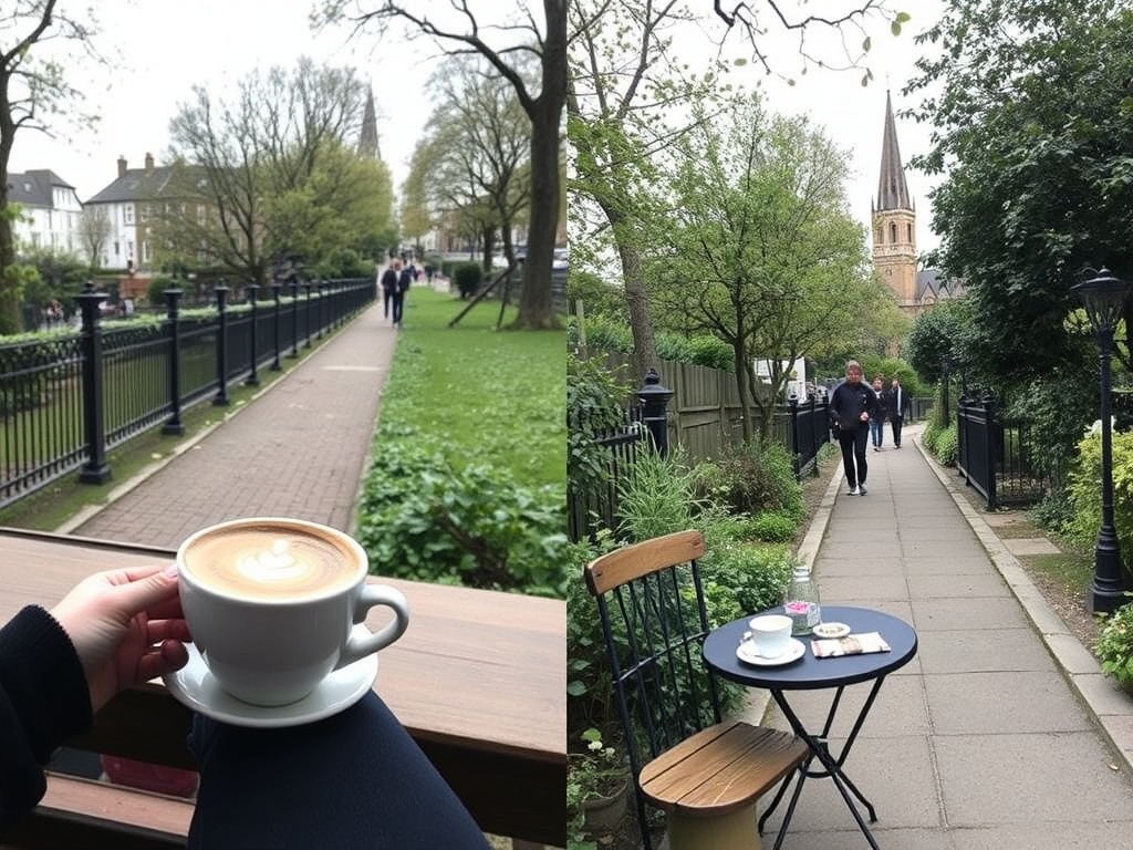 relaxed half-day itinerary scene in The Glebe, coffee, walking path, small lunch table, lifestyle collage feel