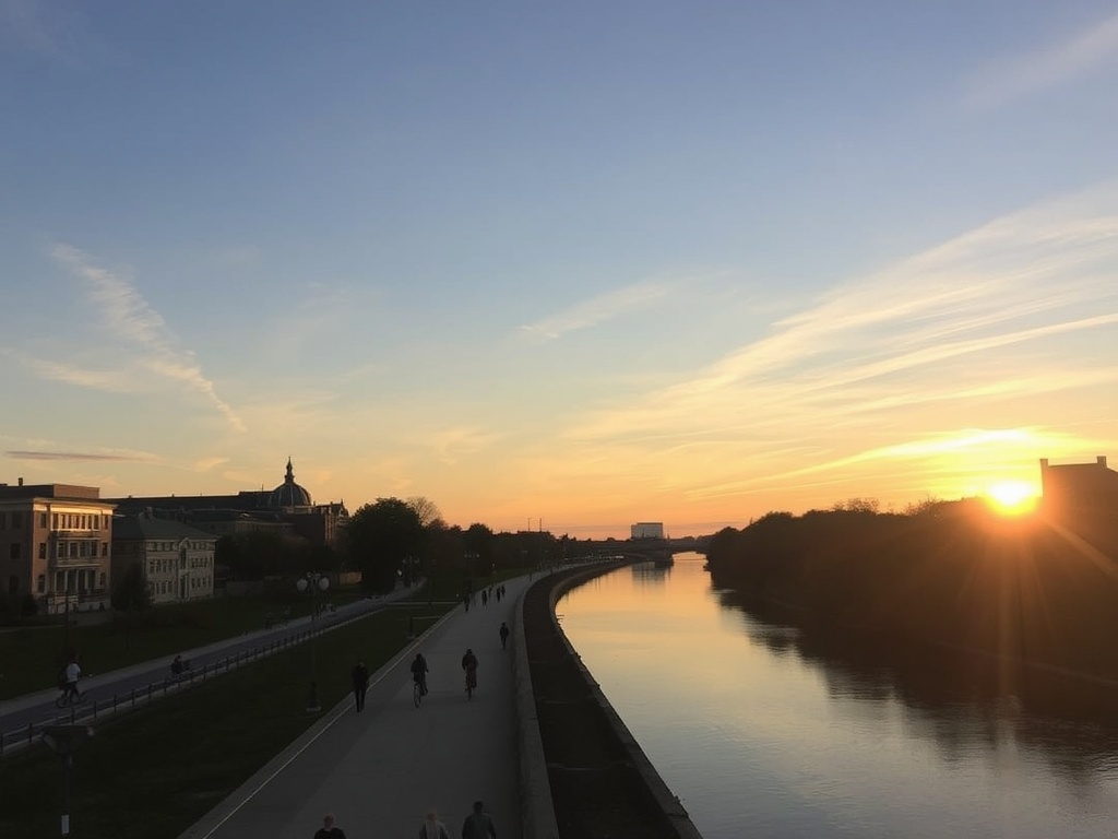 Rideau Canal path near The Glebe during sunset, people walking and cycling, calm water reflecting sky