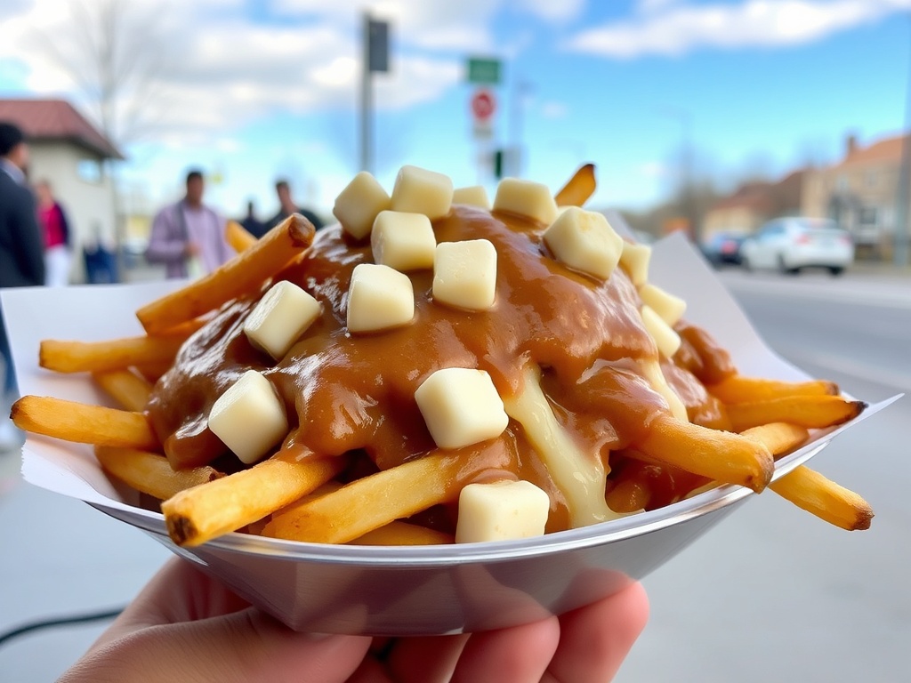 classic Quebec poutine with crispy fries gravy and cheese curds served at roadside casse croute