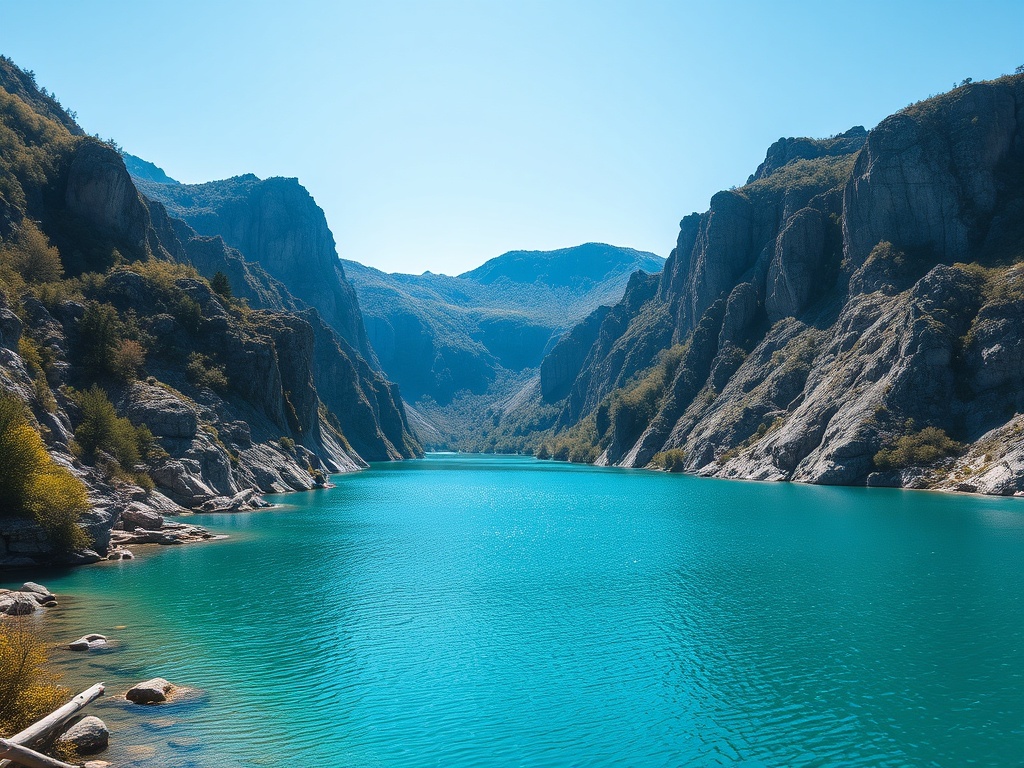 clear turquoise lake KB3 Thetford Mines surrounded by dramatic cliffs and bright sky