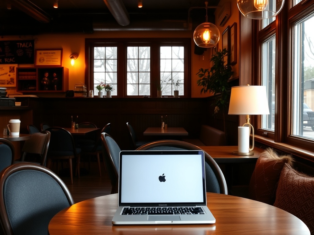 cozy cafe interior Quebec warm lighting coffee laptop relaxed vibe