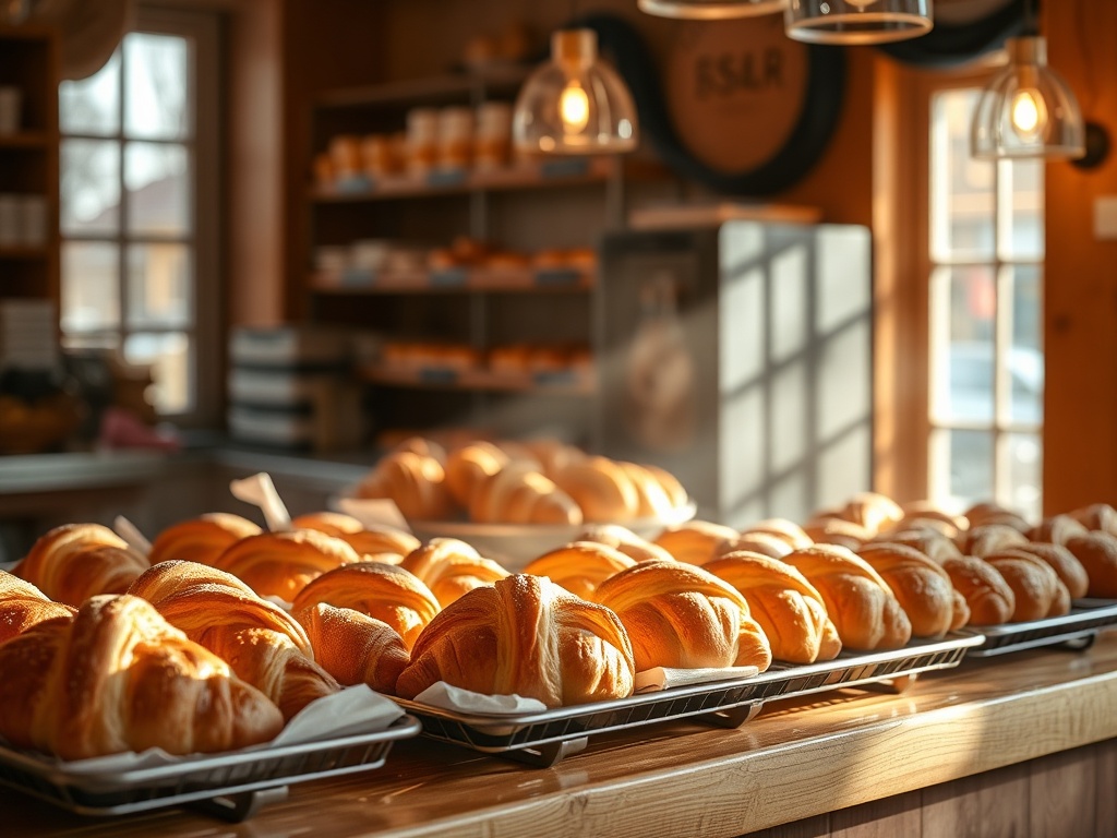 fresh baked croissants and pastries in cozy Quebec bakery morning light