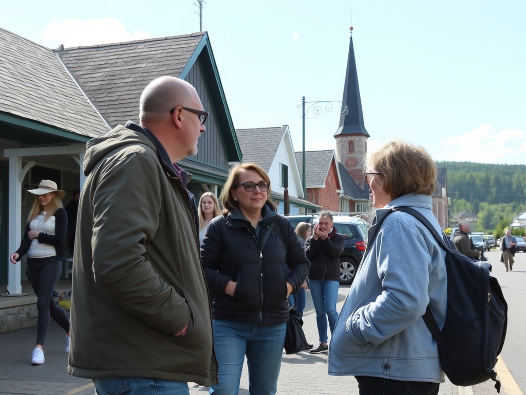 friendly conversation small town Quebec people chatting outdoors