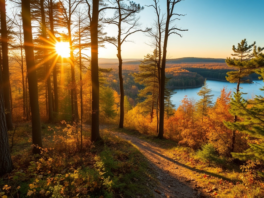 golden sunlight over forest trails in Frontenac park Quebec with lake views and autumn colors