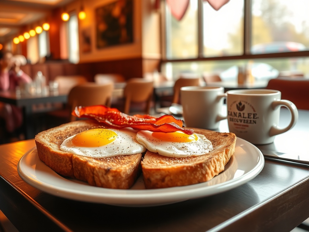 hearty Quebec breakfast eggs bacon toast coffee cozy diner setting