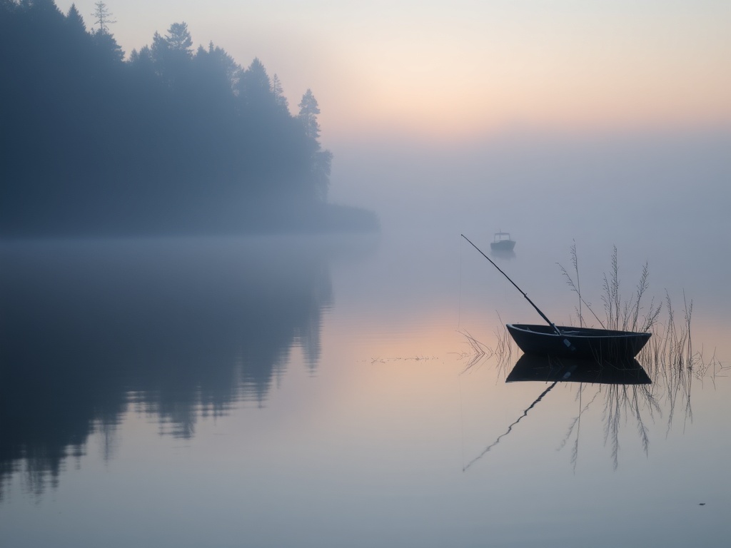 peaceful fishing lake Quebec early morning mist calm water