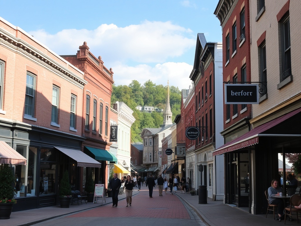 small town downtown street Thetford Mines shops cafes quiet atmosphere