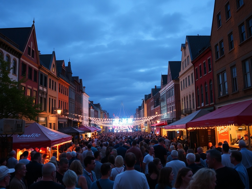small town Quebec festival live music outdoor crowd evening lights