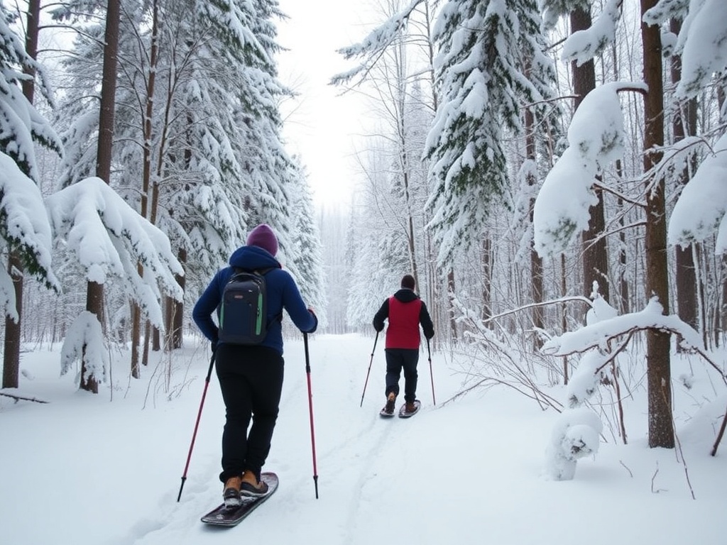 snowshoeing trail snowy forest Quebec peaceful winter scene