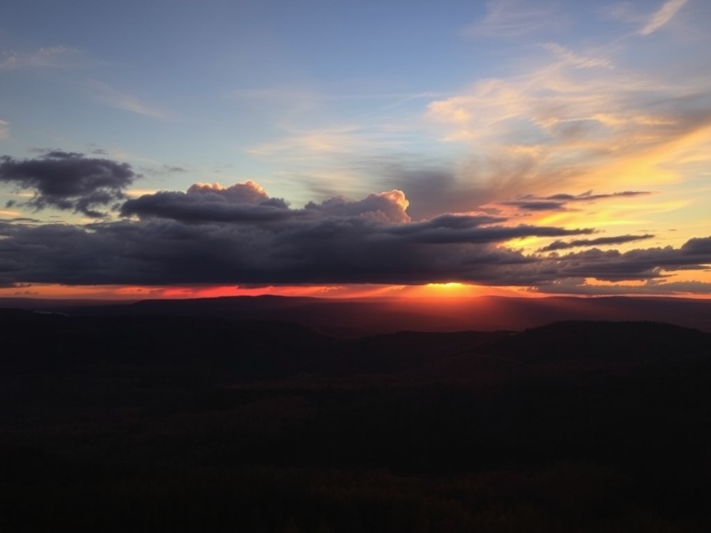 sunset over rolling hills Quebec golden sky dramatic clouds
