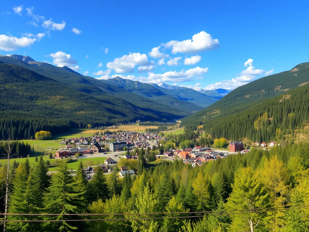 vivid description of a beautiful scenic view of Thetford Mines with mountains and forests in the background