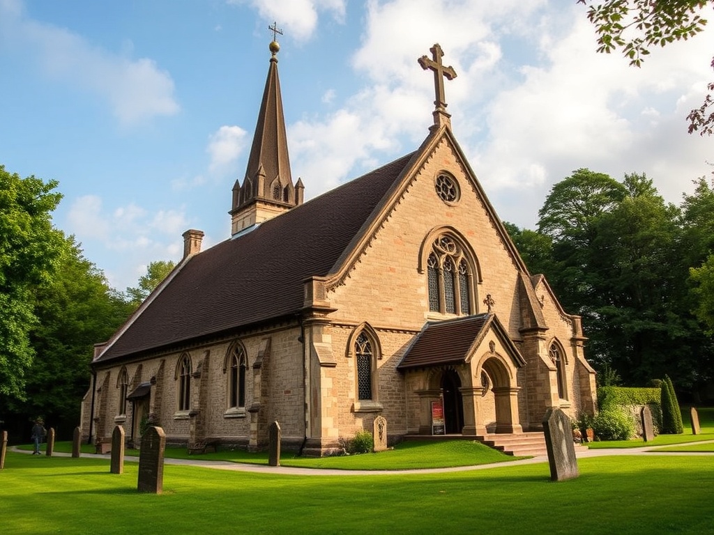 vivid description of a historic church in Thetford Mines with intricate architectural details and a peaceful, scenic setting