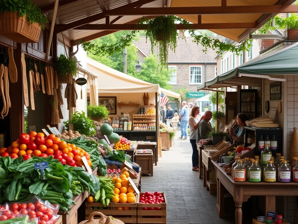 vivid description of a quaint market in Thetford Mines with fresh produce, handmade goods, and local products on display