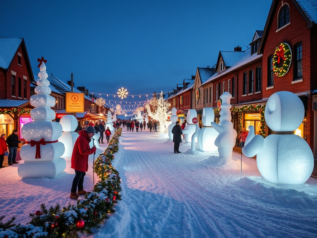 vivid description of a vibrant festival in Thetford Mines with snow sculptures, music, and festive decorations