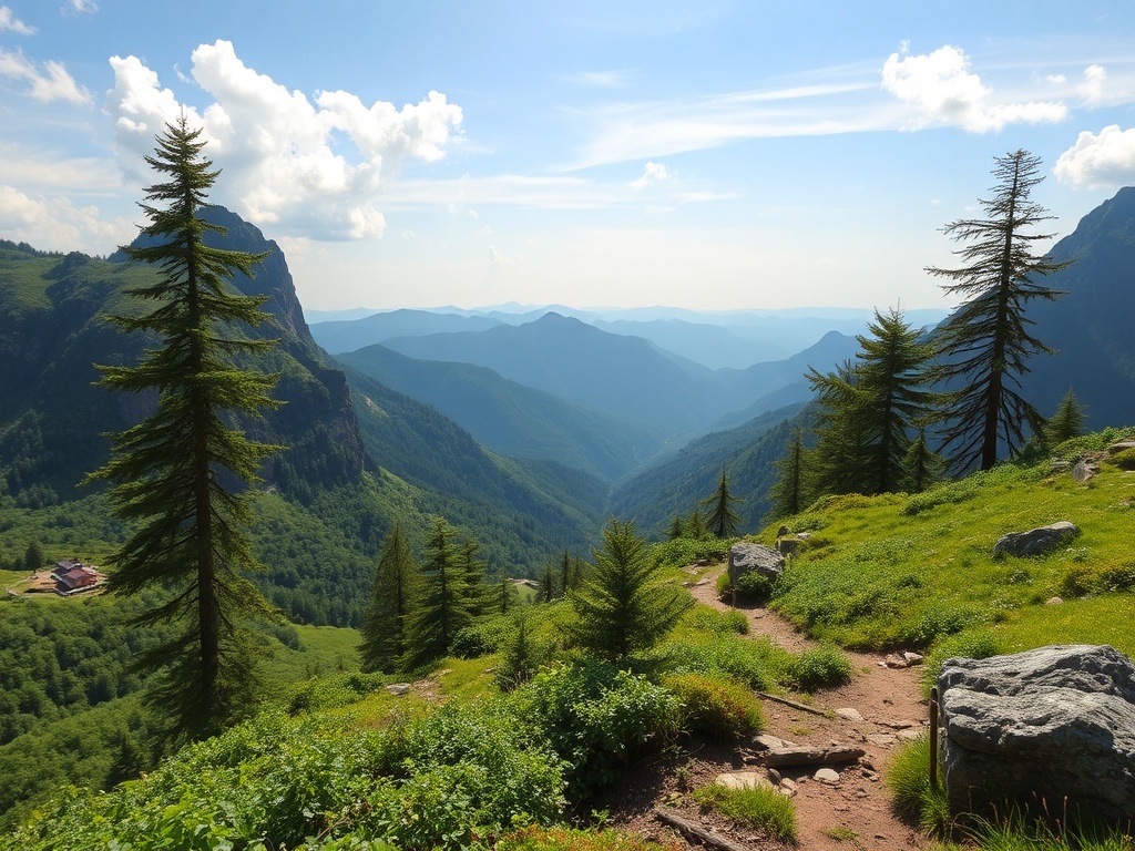 vivid description of Mont Adstock with lush greenery, hiking trails, and scenic views over the mountains