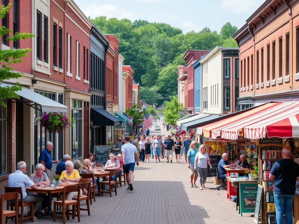 A bustling street in downtown Thetford Mines with locals enjoying outdoor dining and browsing through colorful market stalls.