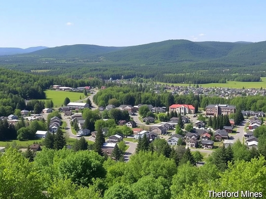 A scenic view of Thetford Mines, with a lush green landscape and clear skies in the background, showcasing the town's natural beauty.