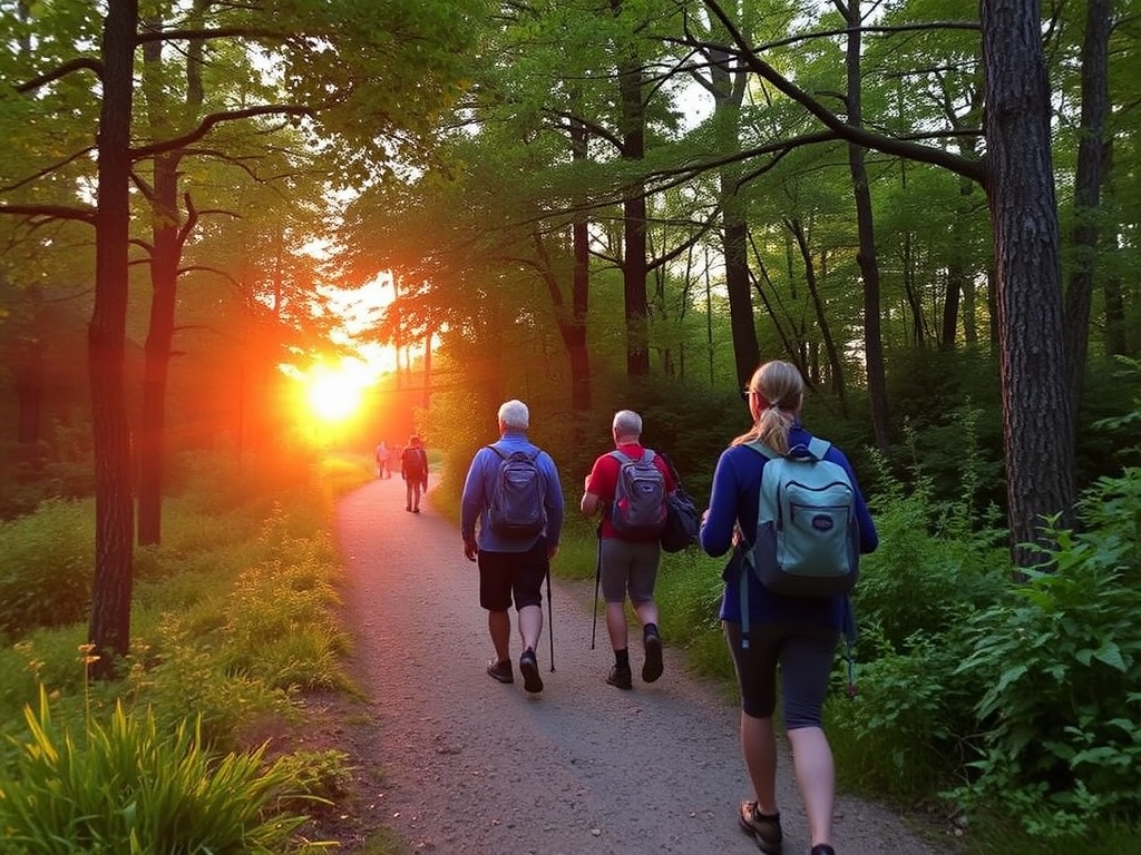 Hikers enjoying a peaceful trail in Parc des Montagnes, with the sun setting behind them and vibrant greenery surrounding the path.