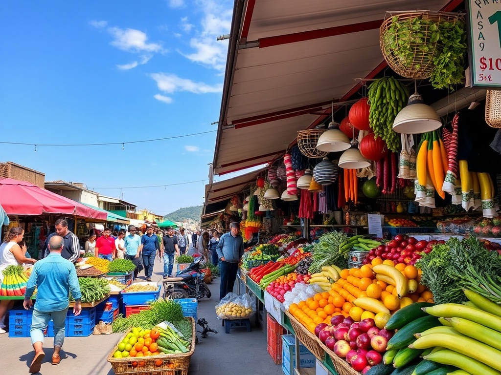 A bustling marketplace with colorful stalls and fresh produce