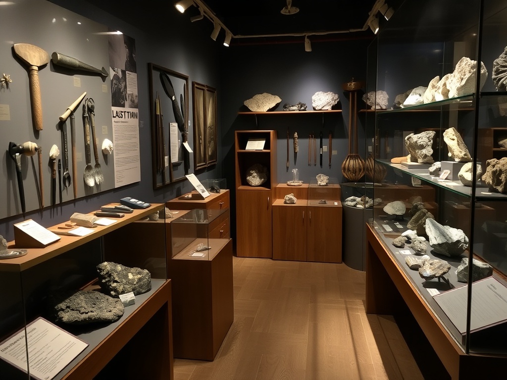A museum exhibit featuring mining tools and mineral samples