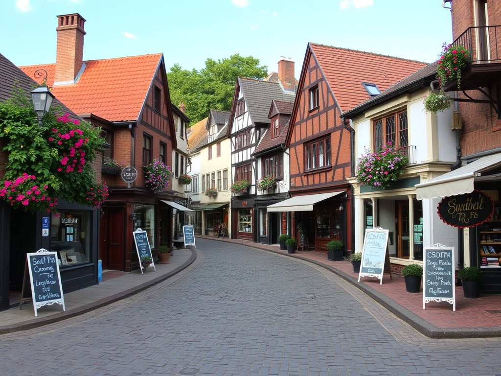 A picturesque downtown area with cobblestone streets and quaint shops