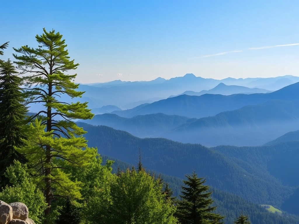 A scenic view of Mont Adstock with lush green trees and distant mountains