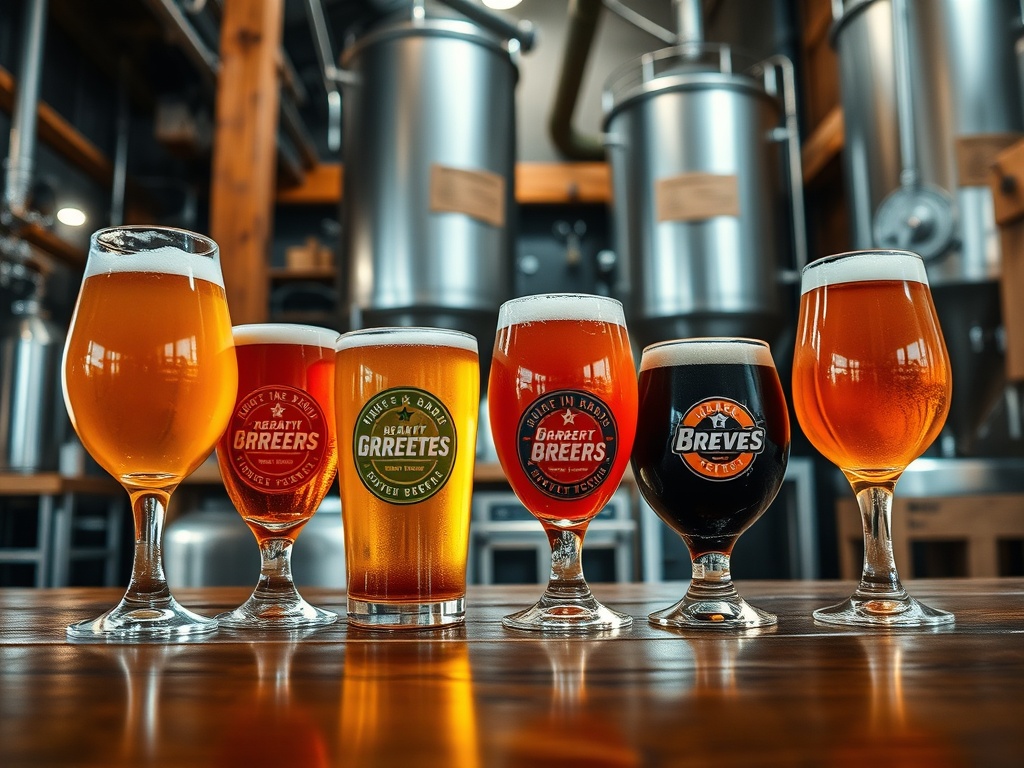 A selection of craft beers in a local brewery with a rustic atmosphere