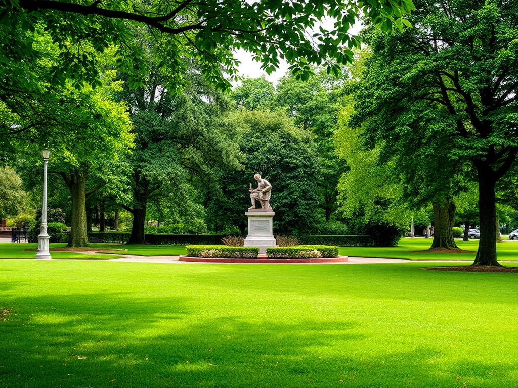 A tranquil park with lush greenery and a statue of a war veteran