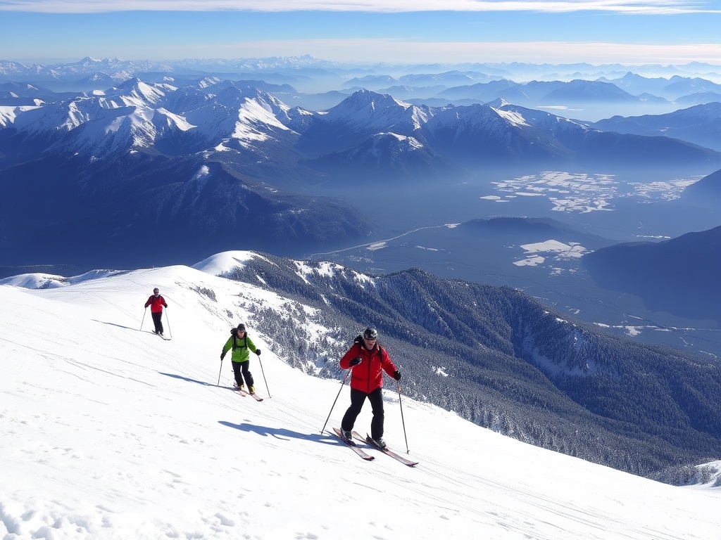 Skiers on the slopes of Mont Saint-Pierre, with snowy mountains in the background