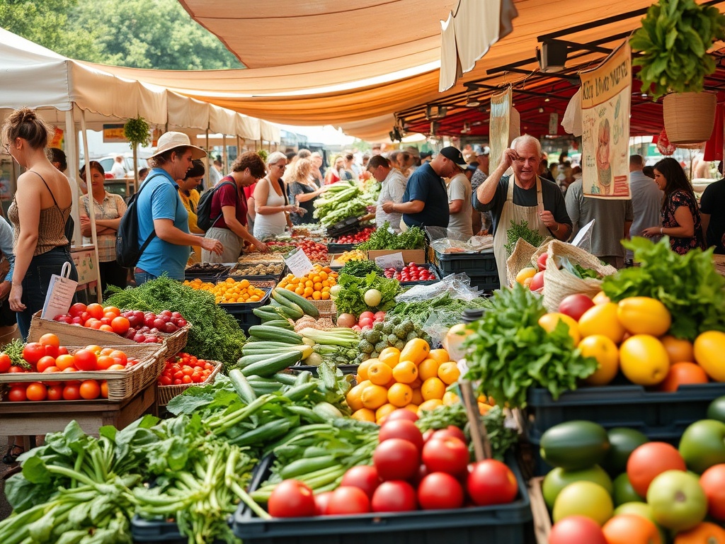 busy outdoor farmers market with fresh produce, local vendors, colorful fruits and vegetables, lively atmosphere