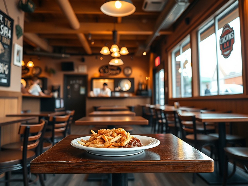 casual local restaurant interior with warm lighting, simple plated meal, welcoming neighborhood vibe