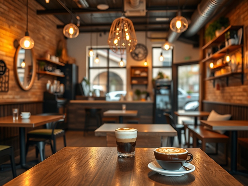 cozy independent coffee shop interior with warm lighting, wooden tables, latte art, relaxed vibe