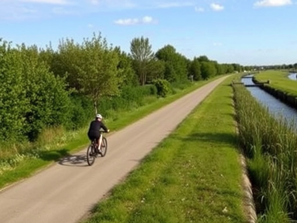 cyclist riding along a quiet canal-side trail with greenery and water, peaceful Ontario landscape