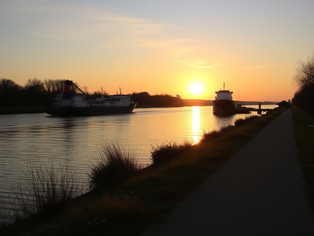 golden sunset over the Welland Canal with a large ship passing, warm light reflecting on calm water, quiet walking trail
