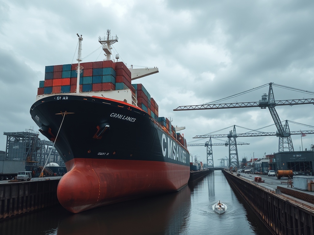 massive cargo ship rising in a canal lock, industrial structures, close-up perspective, dramatic scale