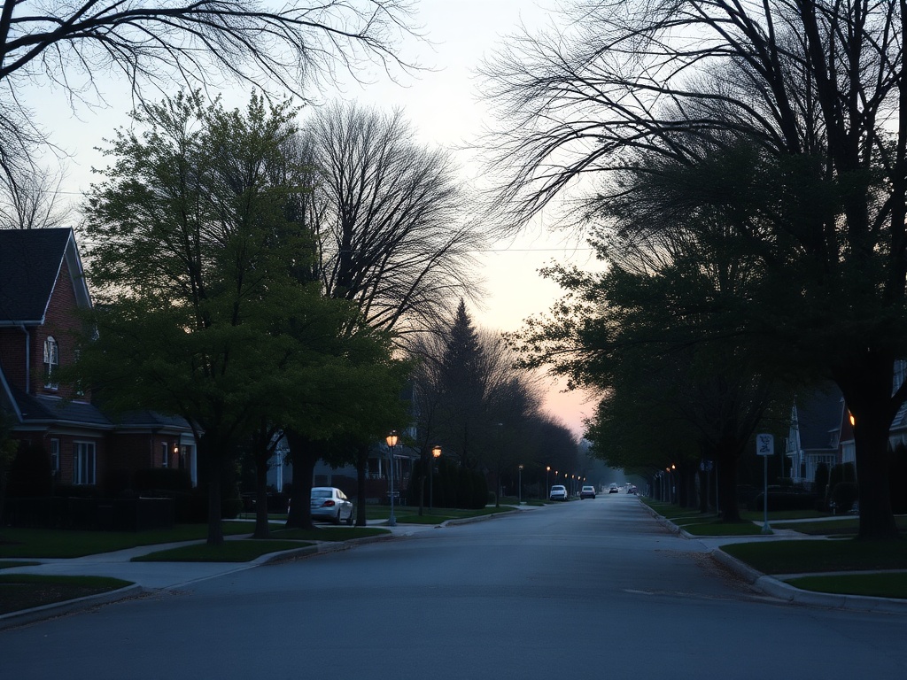 quiet residential street in Thorold with trees, soft evening light, calm suburban stillness