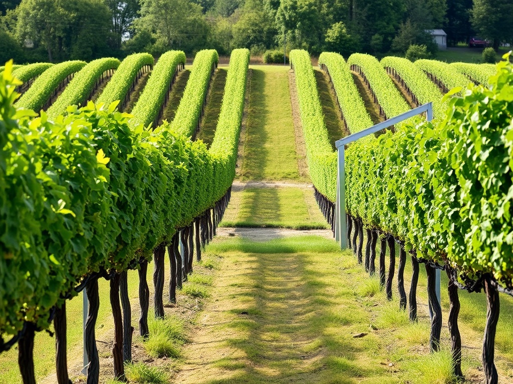quiet vineyard in Niagara region with rows of vines, small tasting area, soft natural light, no crowds