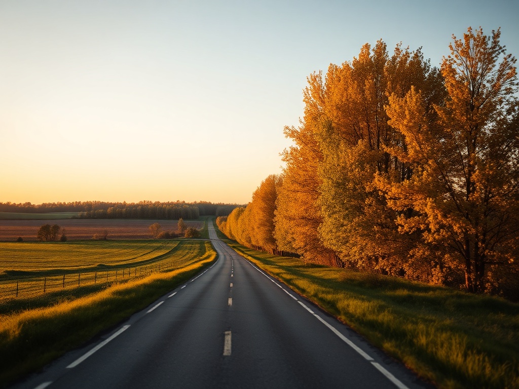 rural Ontario back road lined with trees and farmland, golden hour light, peaceful countryside drive